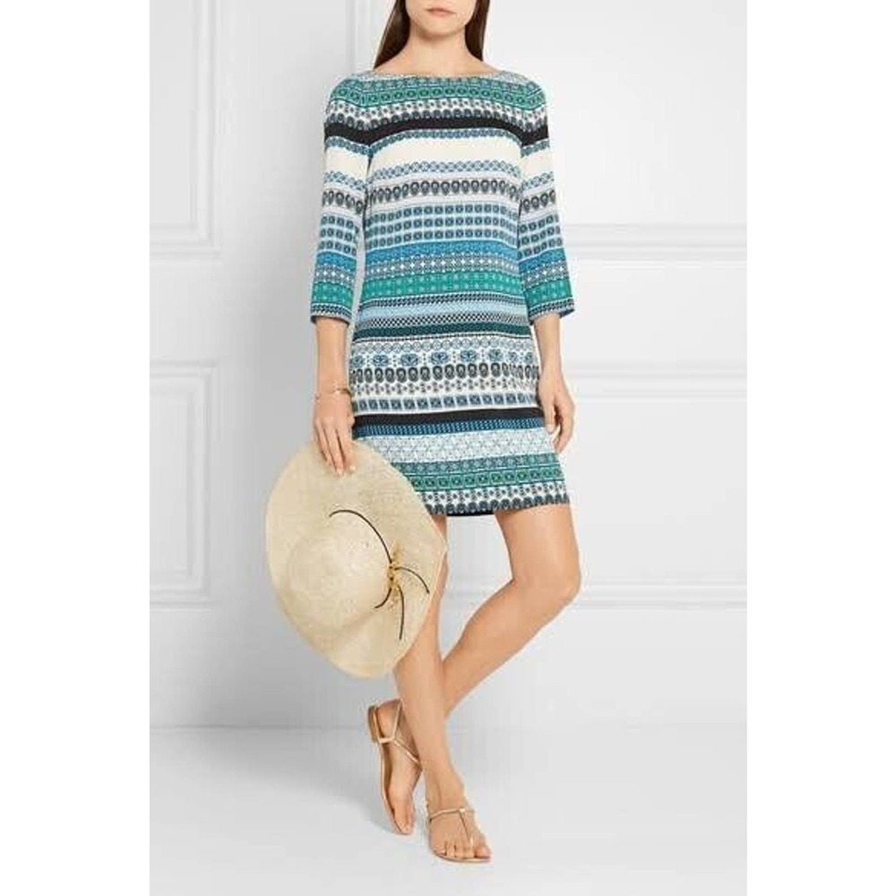 Diane Von Furstenberg Silk Shift Dress 6 Geometric Stripe Boat Neck‎ 3/4 Sleeve